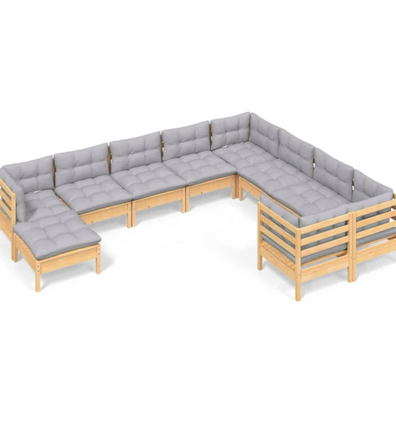 10-tlg. Garten-Lounge-Set mit Grauen Kissen Kiefernholz