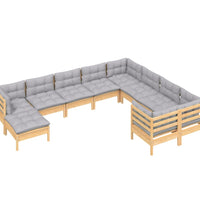 10-tlg. Garten-Lounge-Set mit Grauen Kissen Kiefernholz