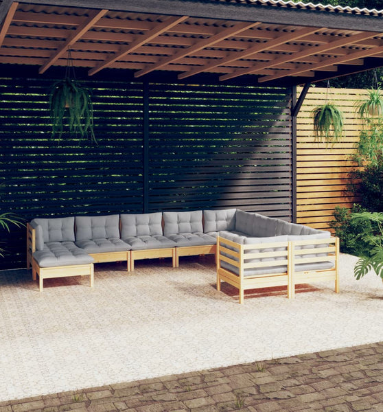 10-tlg. Garten-Lounge-Set mit Grauen Kissen Kiefernholz