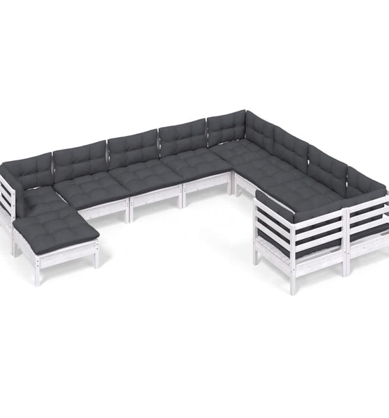 10-tlg. Garten-Lounge-Set mit Kissen Weiß Kiefernholz