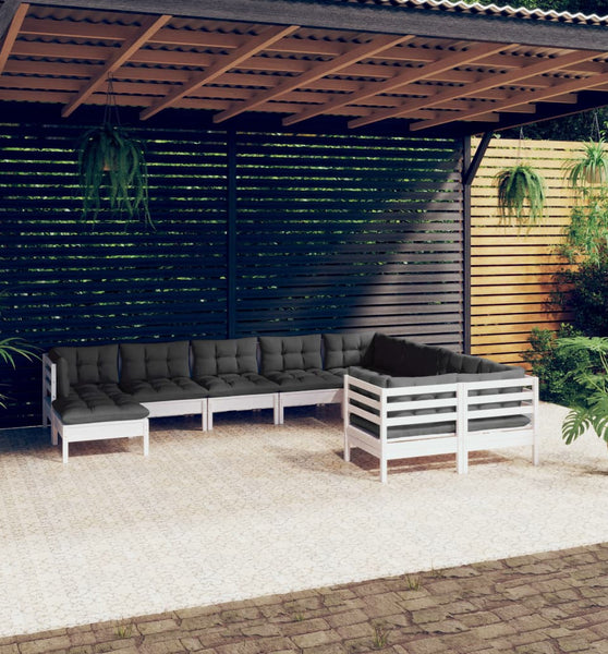 10-tlg. Garten-Lounge-Set mit Kissen Weiß Kiefernholz