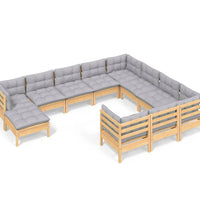 11-tlg. Garten-Lounge-Set mit Grauen Kissen Kiefernholz