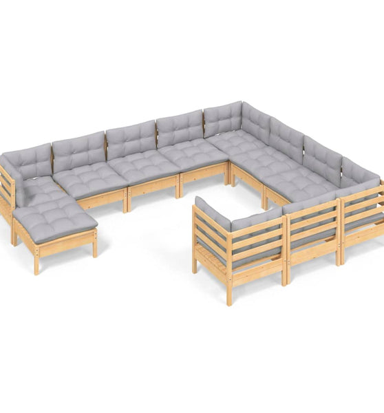 11-tlg. Garten-Lounge-Set mit Grauen Kissen Kiefernholz