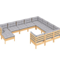 11-tlg. Garten-Lounge-Set mit Grauen Kissen Kiefernholz