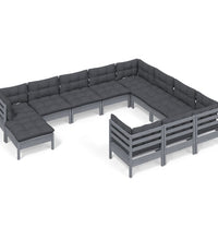 11-tlg. Garten-Lounge-Set mit Kissen Grau Kiefernholz