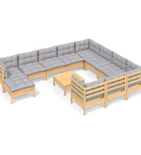 12-tlg. Garten-Lounge-Set mit Grauen Kissen Kiefernholz