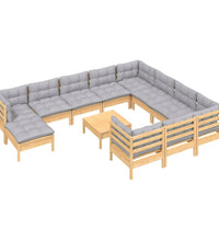 12-tlg. Garten-Lounge-Set mit Grauen Kissen Kiefernholz