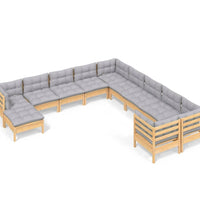 11-tlg. Garten-Lounge-Set mit Grauen Kissen Kiefernholz