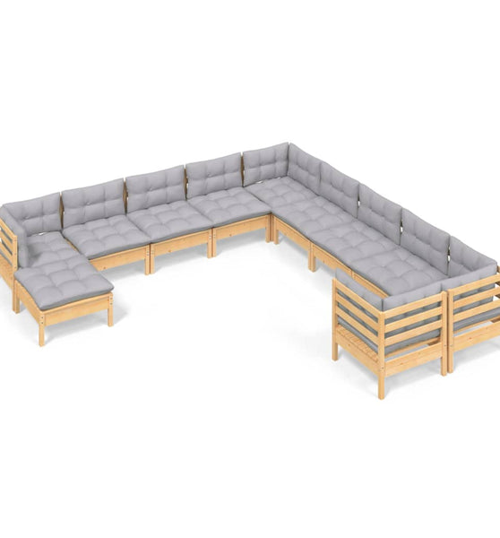 11-tlg. Garten-Lounge-Set mit Grauen Kissen Kiefernholz