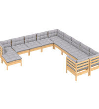 11-tlg. Garten-Lounge-Set mit Grauen Kissen Kiefernholz