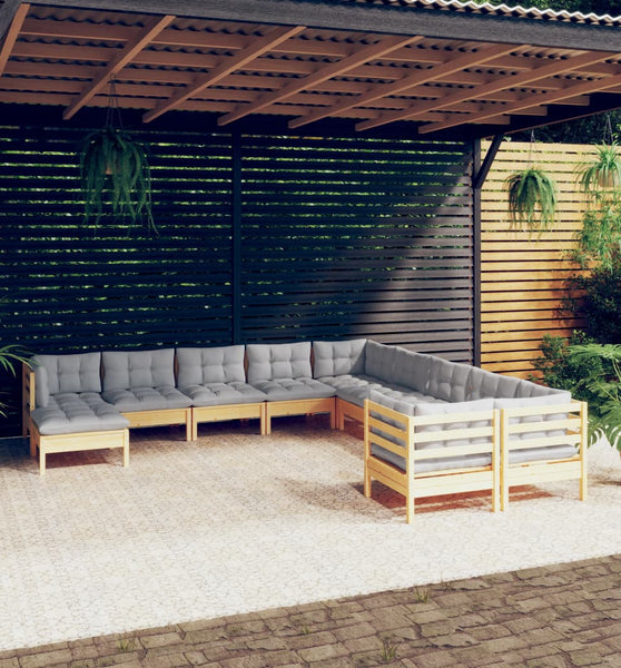 11-tlg. Garten-Lounge-Set mit Grauen Kissen Kiefernholz