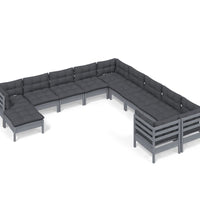 11-tlg. Garten-Lounge-Set mit Kissen Grau Kiefernholz