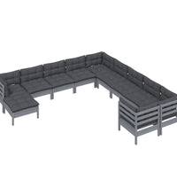 11-tlg. Garten-Lounge-Set mit Kissen Grau Kiefernholz