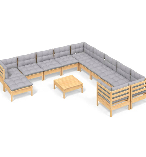 12-tlg. Garten-Lounge-Set mit Grauen Kissen Kiefernholz
