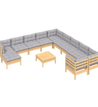 12-tlg. Garten-Lounge-Set mit Grauen Kissen Kiefernholz