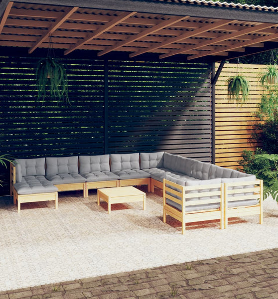 12-tlg. Garten-Lounge-Set mit Grauen Kissen Kiefernholz