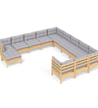 12-tlg. Garten-Lounge-Set mit Grauen Kissen Kiefernholz