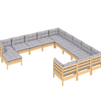 12-tlg. Garten-Lounge-Set mit Grauen Kissen Kiefernholz