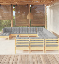 12-tlg. Garten-Lounge-Set mit Grauen Kissen Kiefernholz