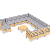 13-tlg. Garten-Lounge-Set mit Grauen Kissen Kiefernholz