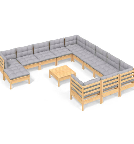 13-tlg. Garten-Lounge-Set mit Grauen Kissen Kiefernholz
