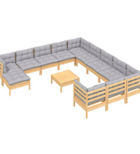 13-tlg. Garten-Lounge-Set mit Grauen Kissen Kiefernholz
