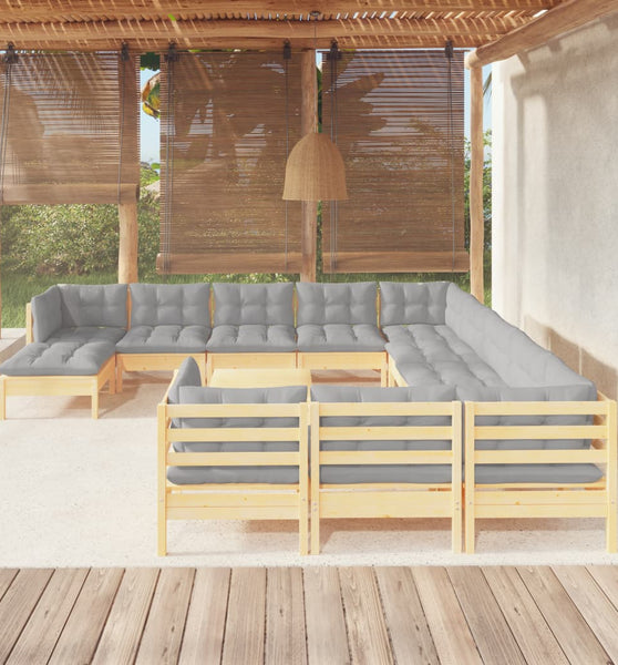 13-tlg. Garten-Lounge-Set mit Grauen Kissen Kiefernholz