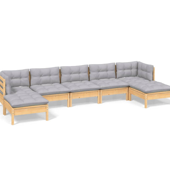 7-tlg. Garten-Lounge-Set mit Grauen Kissen Kiefernholz