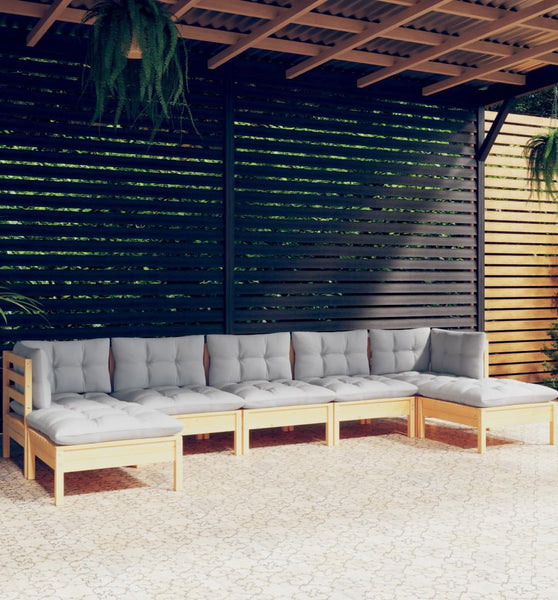 7-tlg. Garten-Lounge-Set mit Grauen Kissen Kiefernholz