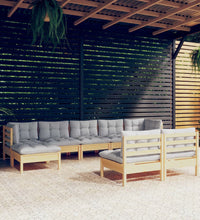 9-tlg. Garten-Lounge-Set mit Grauen Kissen Kiefernholz