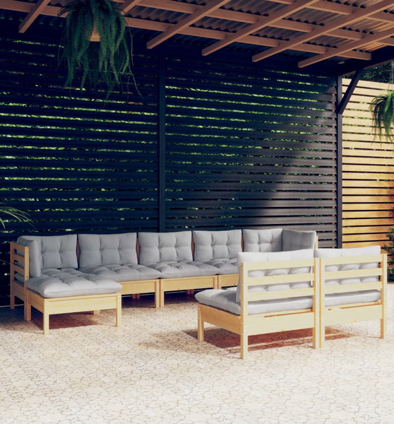 9-tlg. Garten-Lounge-Set mit Grauen Kissen Kiefernholz