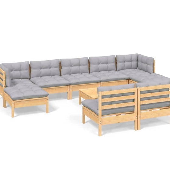 10-tlg. Garten-Lounge-Set mit Grauen Kissen Kiefernholz
