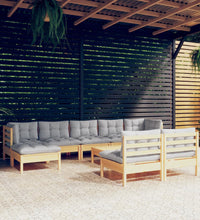 10-tlg. Garten-Lounge-Set mit Grauen Kissen Kiefernholz