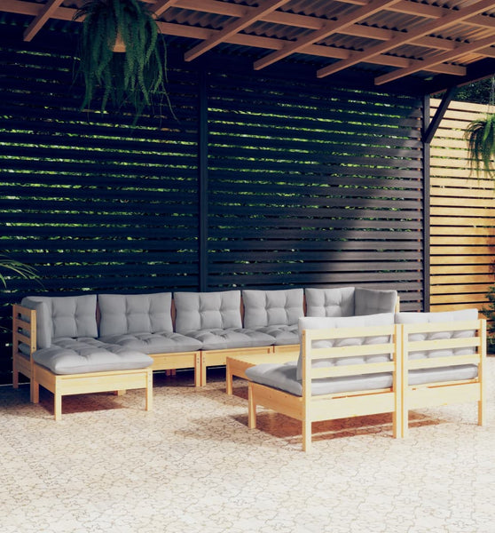 10-tlg. Garten-Lounge-Set mit Grauen Kissen Kiefernholz