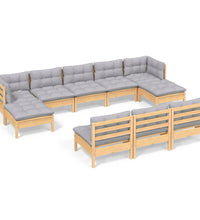 10-tlg. Garten-Lounge-Set mit Grauen Kissen Kiefernholz