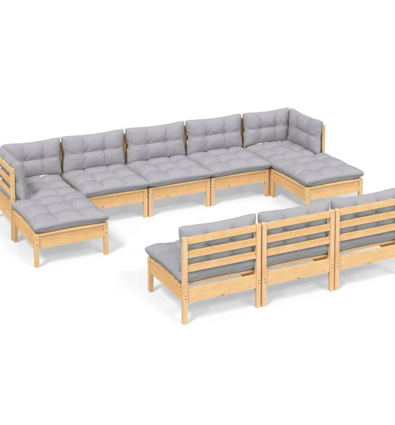 10-tlg. Garten-Lounge-Set mit Grauen Kissen Kiefernholz