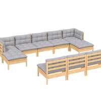 10-tlg. Garten-Lounge-Set mit Grauen Kissen Kiefernholz