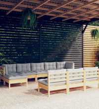 10-tlg. Garten-Lounge-Set mit Grauen Kissen Kiefernholz