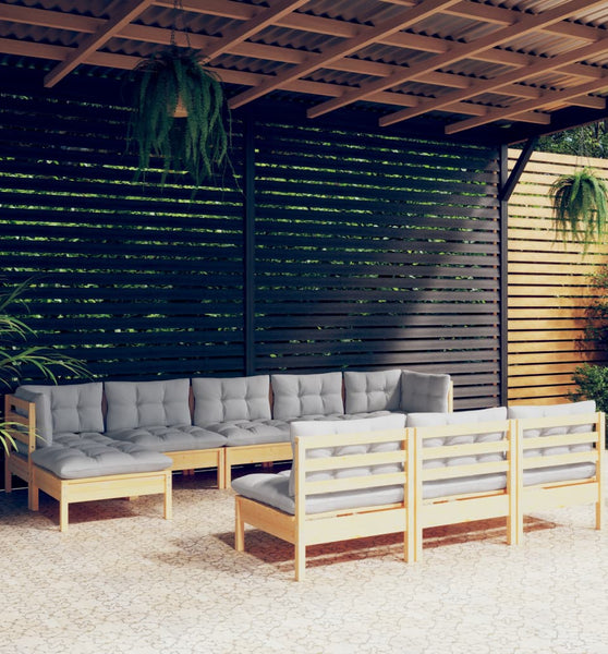 10-tlg. Garten-Lounge-Set mit Grauen Kissen Kiefernholz