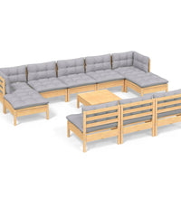11-tlg. Garten-Lounge-Set mit Grauen Kissen Kiefernholz