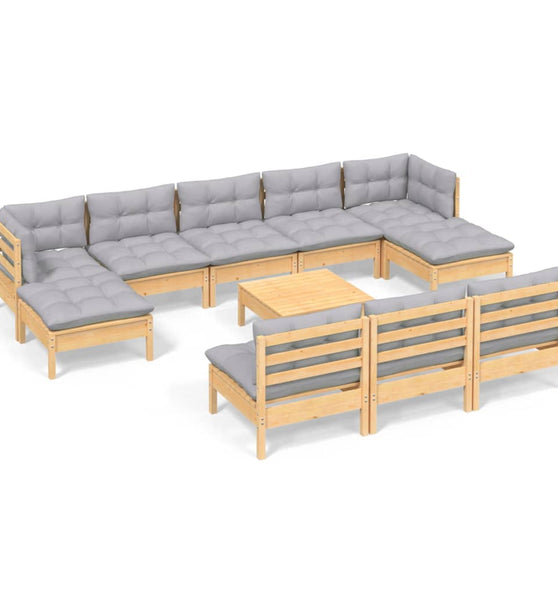 11-tlg. Garten-Lounge-Set mit Grauen Kissen Kiefernholz