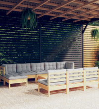 11-tlg. Garten-Lounge-Set mit Grauen Kissen Kiefernholz