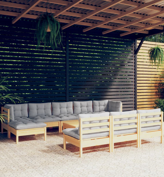 11-tlg. Garten-Lounge-Set mit Grauen Kissen Kiefernholz