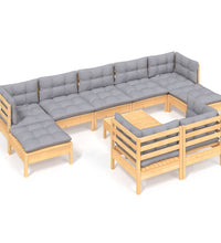 10-tlg. Garten-Lounge-Set mit Grauen Kissen Kiefer Massivholz