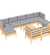 10-tlg. Garten-Lounge-Set mit Grauen Kissen Kiefer Massivholz