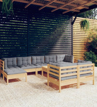 10-tlg. Garten-Lounge-Set mit Grauen Kissen Kiefer Massivholz