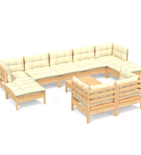 10-tlg. Garten-Lounge-Set mit Creme Kissen Massivholz Kiefer