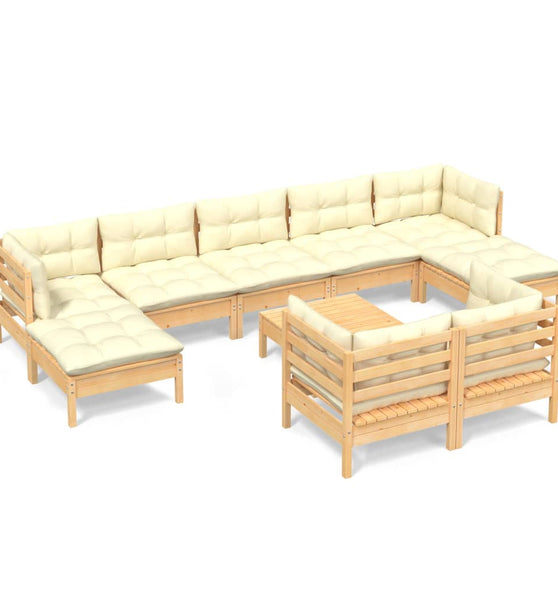 10-tlg. Garten-Lounge-Set mit Creme Kissen Massivholz Kiefer