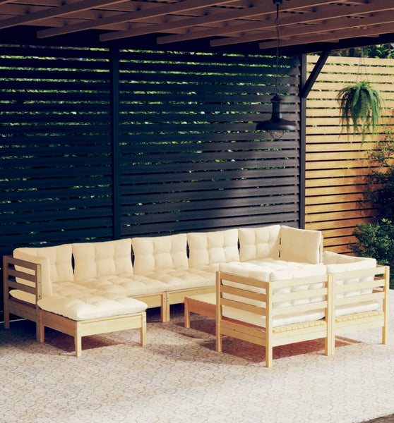 10-tlg. Garten-Lounge-Set mit Creme Kissen Massivholz Kiefer