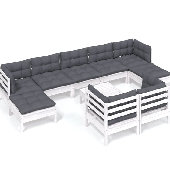 10-tlg. Garten-Lounge-Set mit Kissen Weiß Kiefer Massivholz